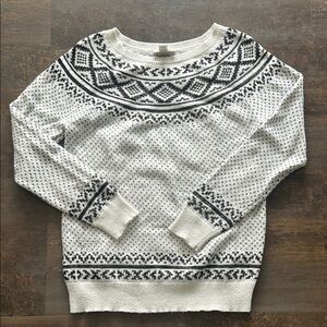 LOFT White and Black Patterned Crew Neck Sweater